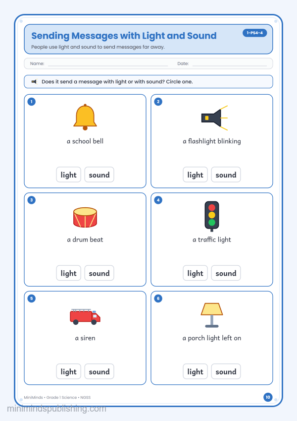 Sending Messages with Light and Sound — free printable 1st Grade science worksheet for ages 6-7 (Common Core 1-PS4-4)