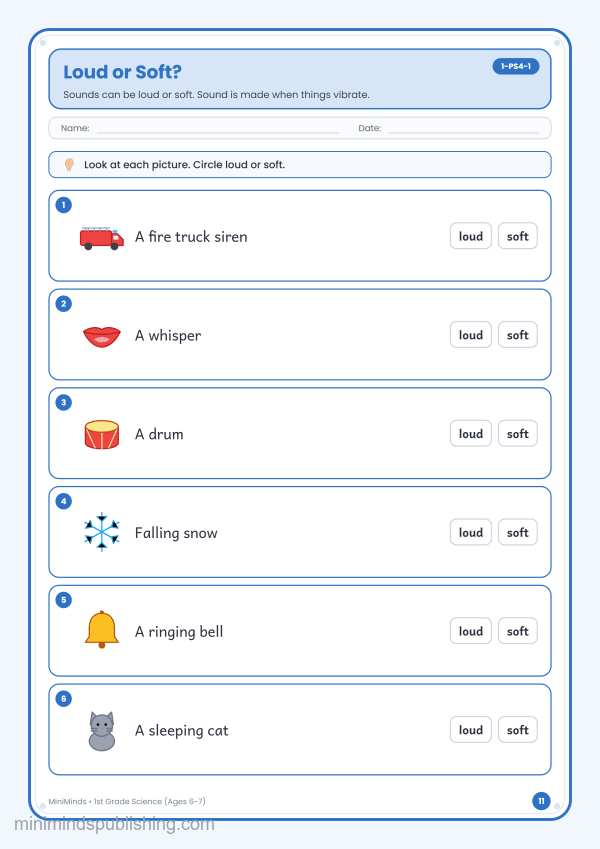 Loud or Soft? — free printable 1st Grade science worksheet for ages 6-7 (Common Core 1-PS4-1)