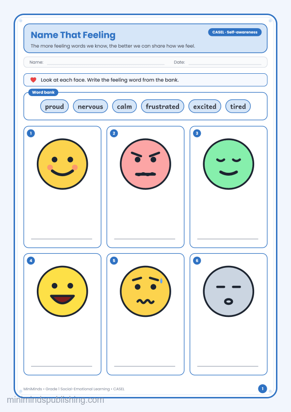 Name That Feeling — free printable 1st Grade social-emotional learning worksheet for ages 6-7 (Common Core CASEL · Self-awareness)
