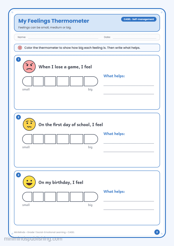 My Feelings Thermometer — free printable 1st Grade social-emotional learning worksheet for ages 6-7 (Common Core CASEL · Self-management)