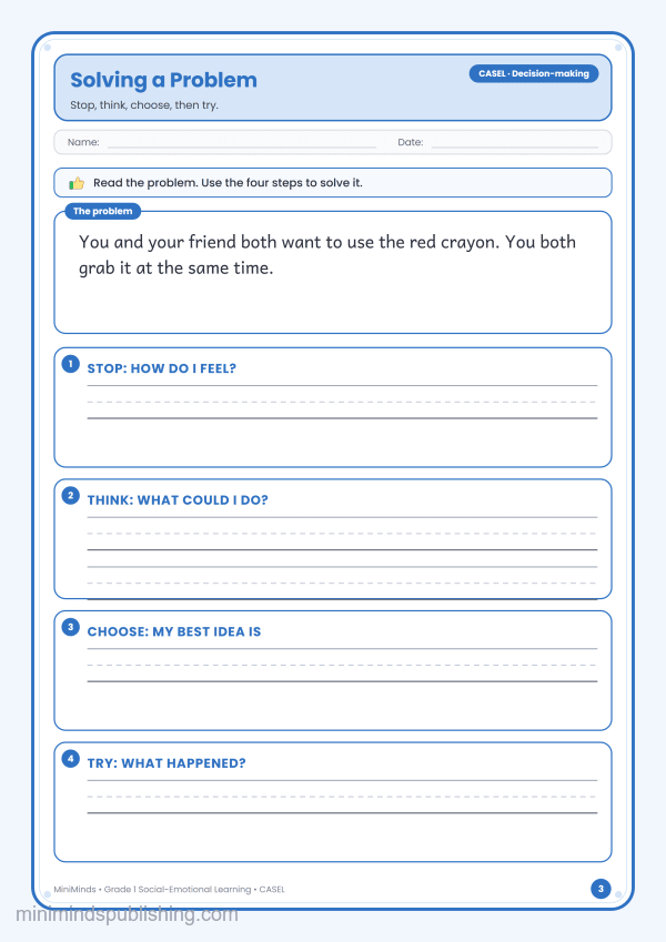 Solving a Problem — free printable 1st Grade social-emotional learning worksheet for ages 6-7 (Common Core CASEL · Decision-making)
