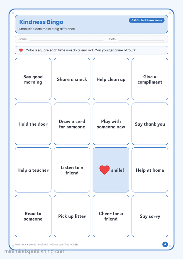 Kindness Bingo — free printable 1st Grade social-emotional learning worksheet for ages 6-7 (Common Core CASEL · Social awareness)