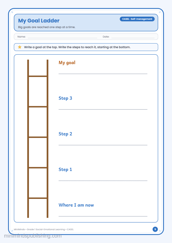 My Goal Ladder — free printable 1st Grade social-emotional learning worksheet for ages 6-7 (Common Core CASEL · Self-management)