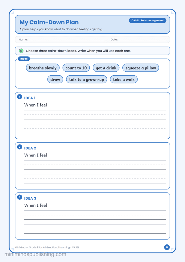 My Calm-Down Plan — free printable 1st Grade social-emotional learning worksheet for ages 6-7 (Common Core CASEL · Self-management)