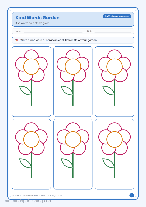 Kind Words Garden — free printable 1st Grade social-emotional learning worksheet for ages 6-7 (Common Core CASEL · Social awareness)