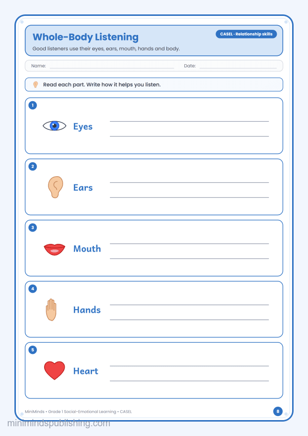 Whole-Body Listening — free printable 1st Grade social-emotional learning worksheet for ages 6-7 (Common Core CASEL · Relationship skills)
