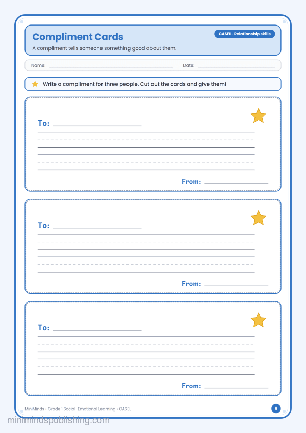 Compliment Cards — free printable 1st Grade social-emotional learning worksheet for ages 6-7 (Common Core CASEL · Relationship skills)