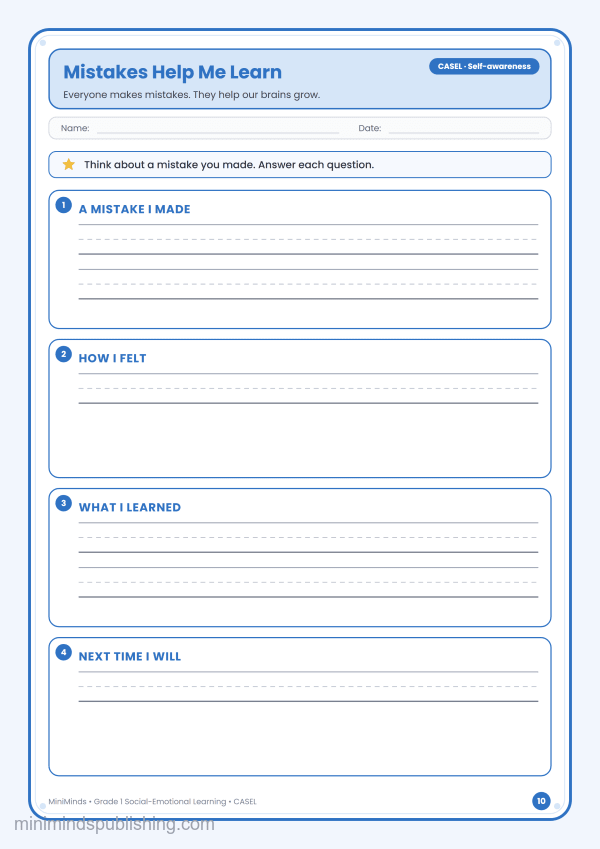 Mistakes Help Me Learn — free printable 1st Grade social-emotional learning worksheet for ages 6-7 (Common Core CASEL · Self-awareness)