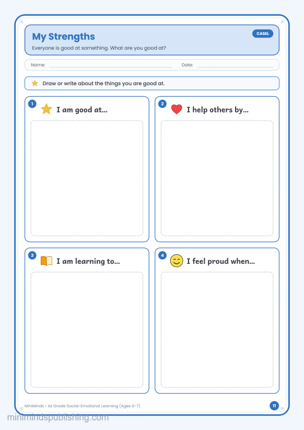 My Strengths — free printable 1st Grade social-emotional learning worksheet for ages 6-7 (Common Core CASEL)