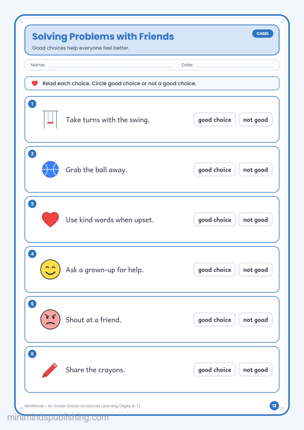 Solving Problems with Friends — free printable 1st Grade social-emotional learning worksheet for ages 6-7 (Common Core CASEL)