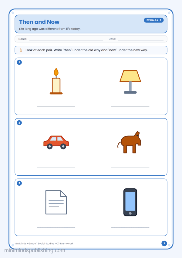 Then and Now — free printable 1st Grade social studies worksheet for ages 6-7 (Common Core D2.His.2.K-2)