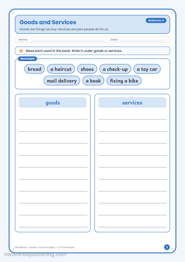 Goods and Services — free printable 1st Grade social studies worksheet for ages 6-7 (Common Core D2.Eco.3.K-2)