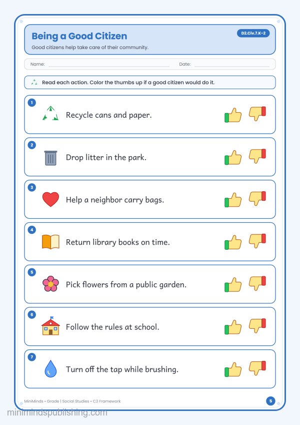 Being a Good Citizen — free printable 1st Grade social studies worksheet for ages 6-7 (Common Core D2.Civ.7.K-2)
