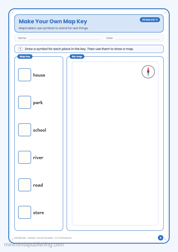 Make Your Own Map Key — free printable 1st Grade social studies worksheet for ages 6-7 (Common Core D2.Geo.2.K-2)