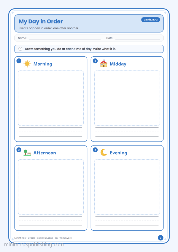 My Day in Order — free printable 1st Grade social studies worksheet for ages 6-7 (Common Core D2.His.1.K-2)