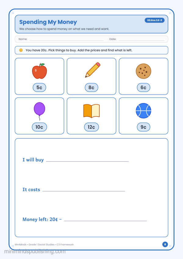 Spending My Money — free printable 1st Grade social studies worksheet for ages 6-7 (Common Core D2.Eco.1.K-2)