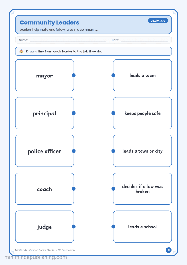 Community Leaders — free printable 1st Grade social studies worksheet for ages 6-7 (Common Core D2.Civ.1.K-2)