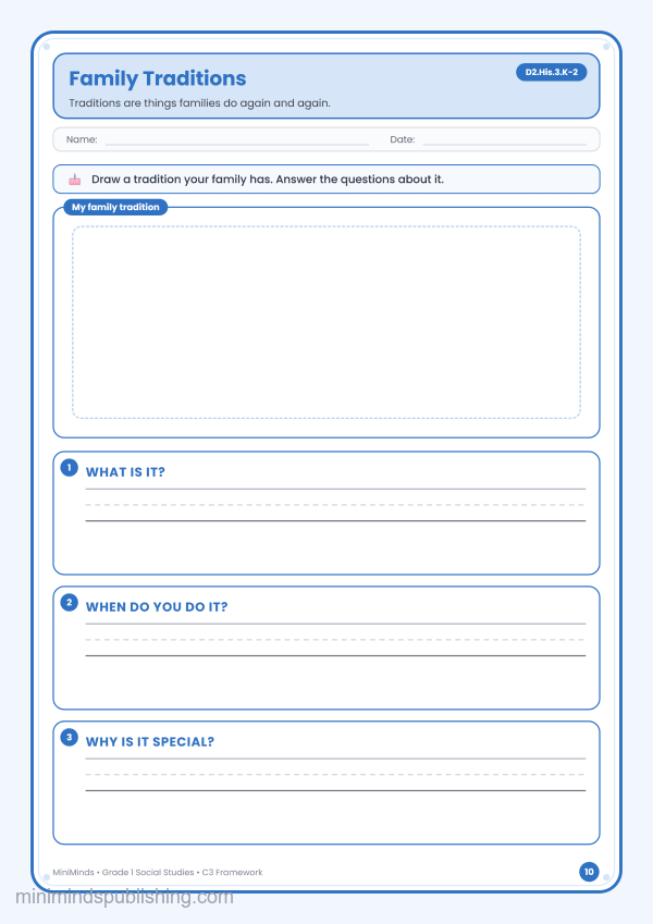 Family Traditions — free printable 1st Grade social studies worksheet for ages 6-7 (Common Core D2.His.3.K-2)