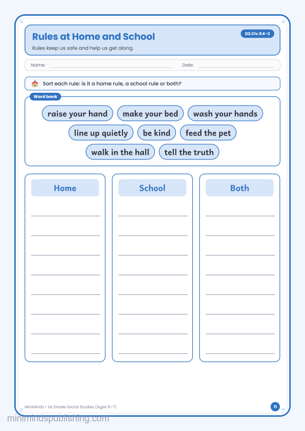 Rules at Home and School — free printable 1st Grade social studies worksheet for ages 6-7 (Common Core D2.Civ.9.K-2)