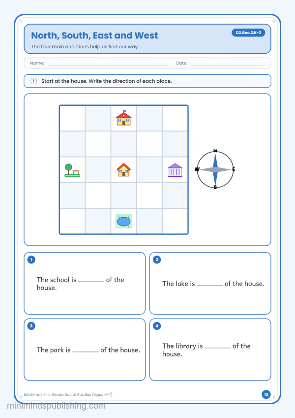 North, South, East and West — free printable 1st Grade social studies worksheet for ages 6-7 (Common Core D2.Geo.2.K-2)