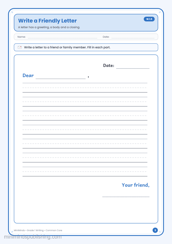 Write a Friendly Letter — free printable 1st Grade writing worksheet for ages 6-7 (Common Core W.1.5)