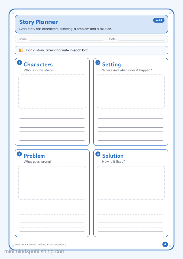Story Planner — free printable 1st Grade writing worksheet for ages 6-7 (Common Core W.1.3)