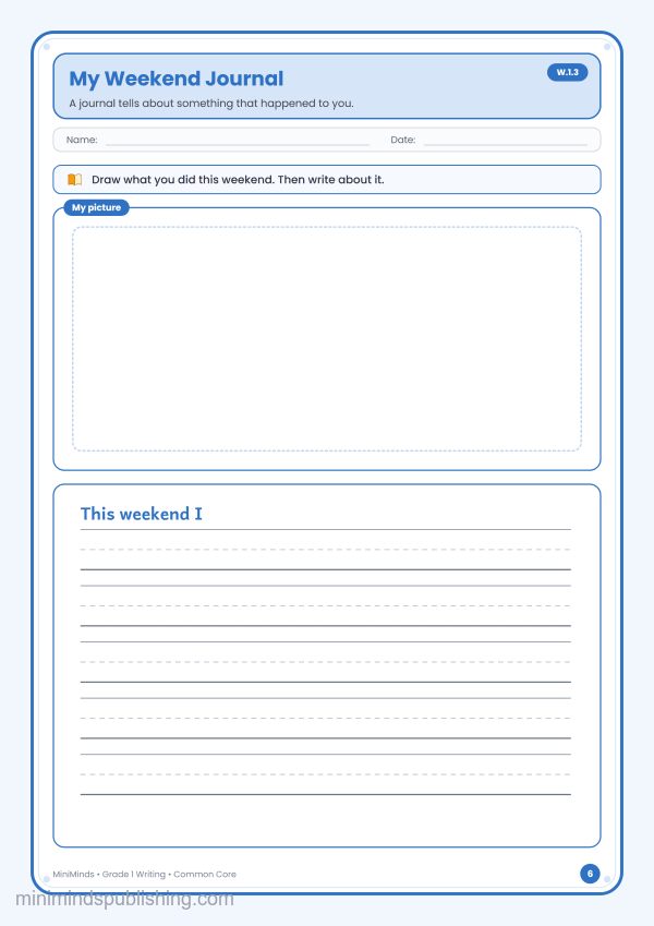 My Weekend Journal — free printable 1st Grade writing worksheet for ages 6-7 (Common Core W.1.3)