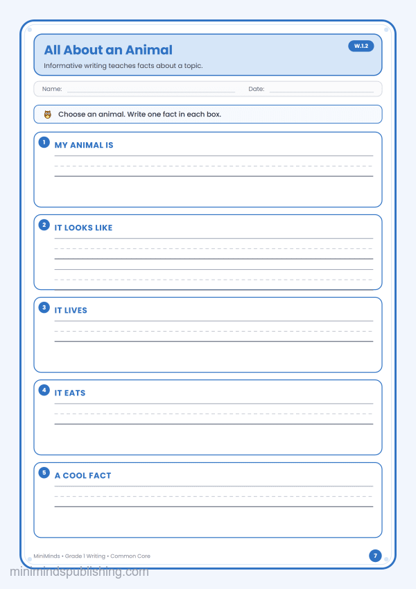 All About an Animal — free printable 1st Grade writing worksheet for ages 6-7 (Common Core W.1.2)