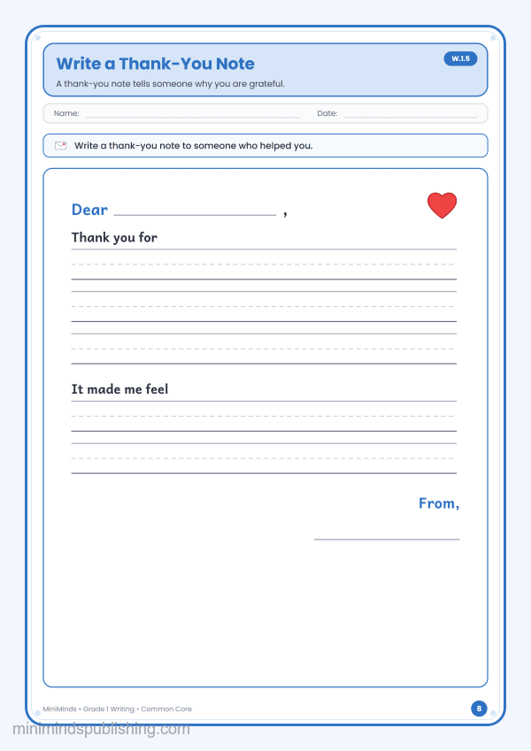 Write a Thank-You Note — free printable 1st Grade writing worksheet for ages 6-7 (Common Core W.1.5)