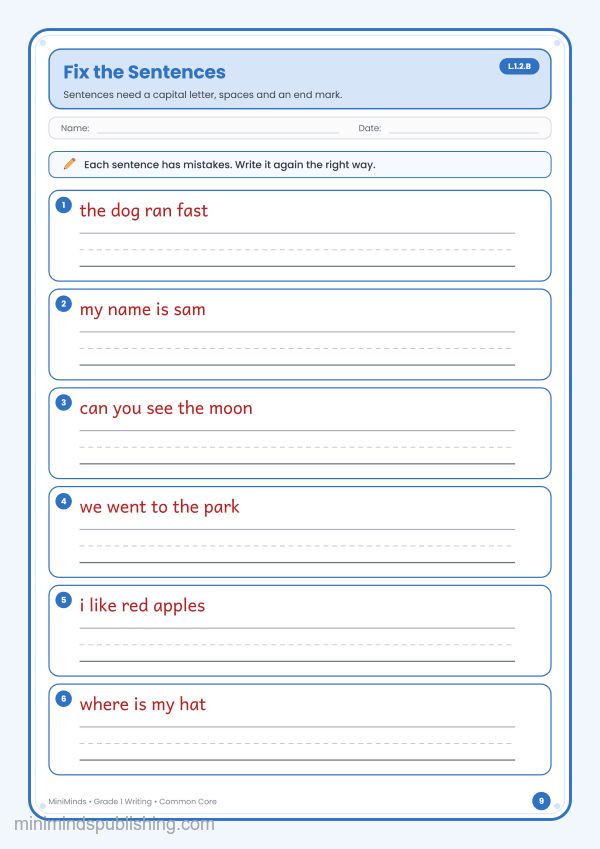 Fix the Sentences — free printable 1st Grade writing worksheet for ages 6-7 (Common Core L.1.2.B)