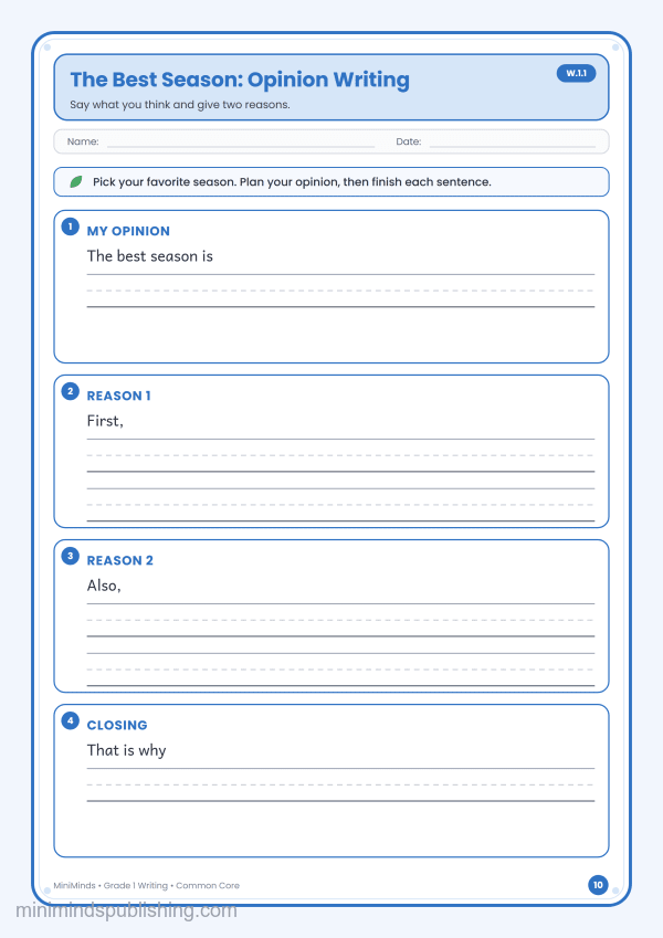 The Best Season: Opinion Writing — free printable 1st Grade writing worksheet for ages 6-7 (Common Core W.1.1)
