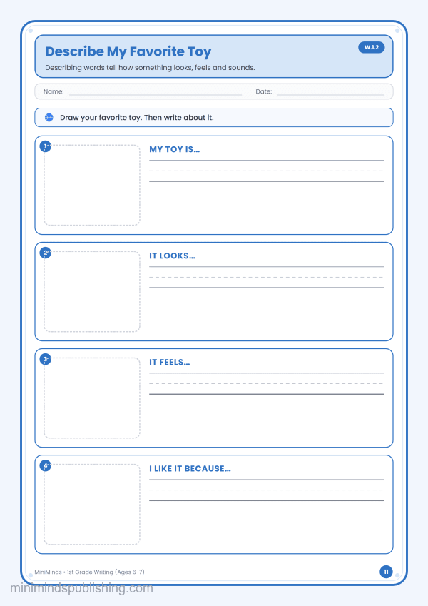Describe My Favorite Toy — free printable 1st Grade writing worksheet for ages 6-7 (Common Core W.1.2)