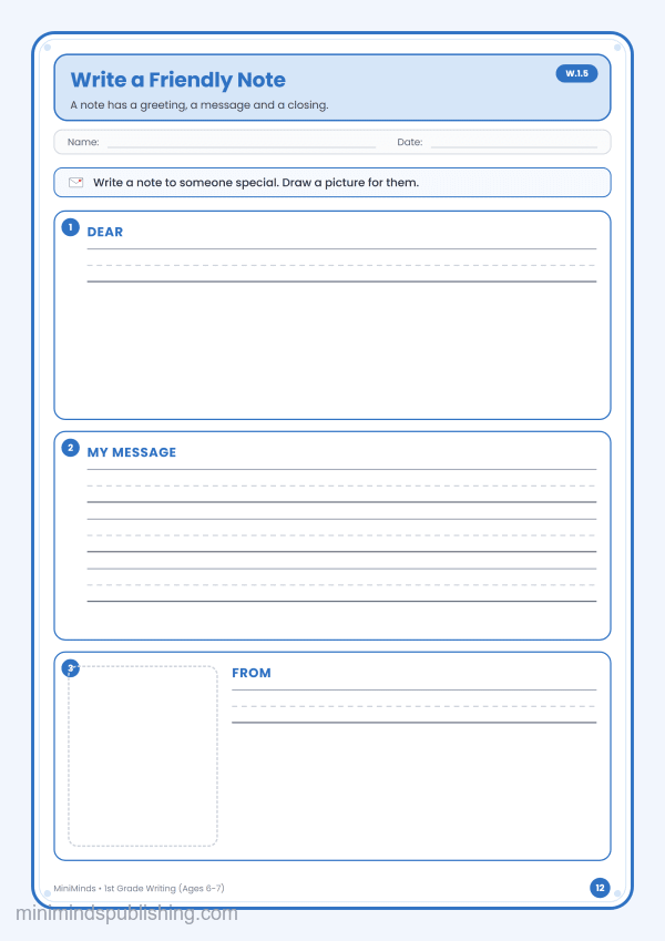Write a Friendly Note — free printable 1st Grade writing worksheet for ages 6-7 (Common Core W.1.5)