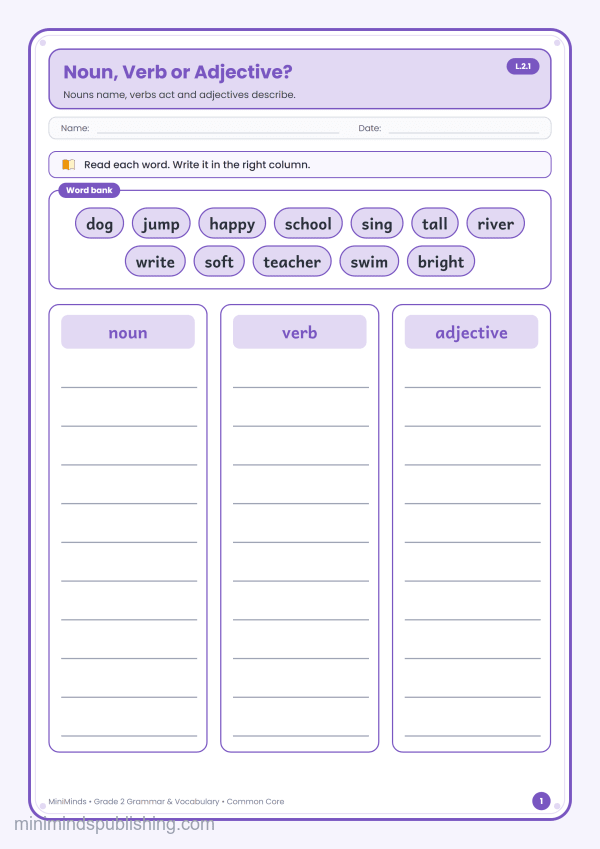 Noun, Verb or Adjective? — free printable 2nd Grade grammar & vocabulary worksheet for ages 7-8 (Common Core L.2.1)