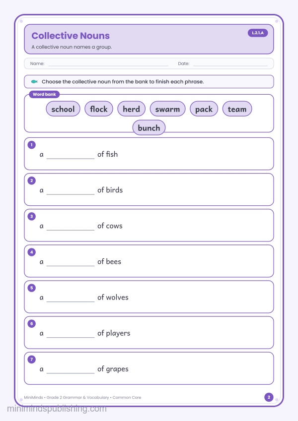 Collective Nouns — free printable 2nd Grade grammar & vocabulary worksheet for ages 7-8 (Common Core L.2.1.A)