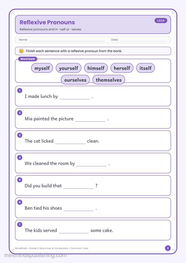 Reflexive Pronouns — free printable 2nd Grade grammar & vocabulary worksheet for ages 7-8 (Common Core L.2.1.C)