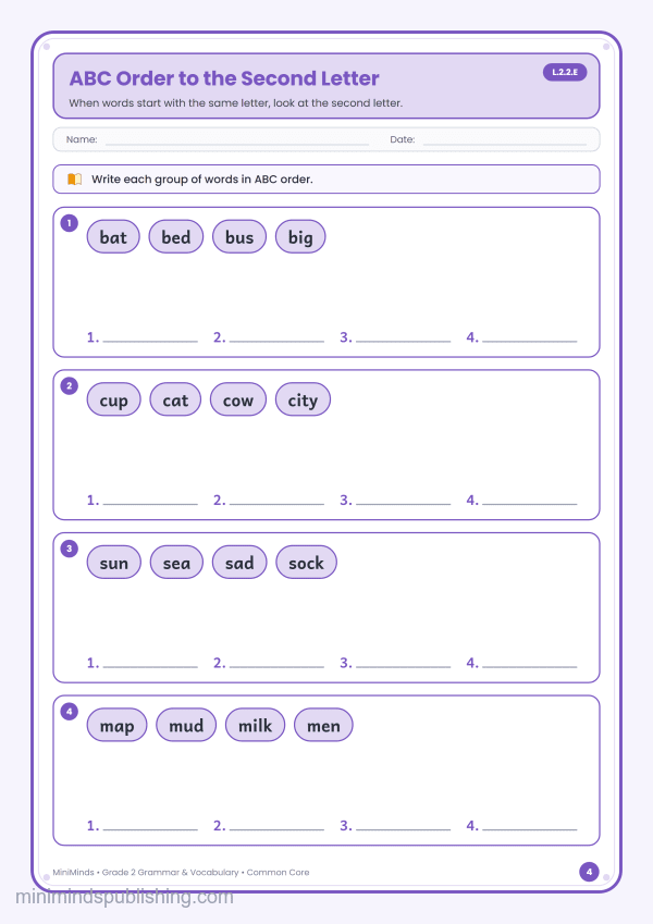 ABC Order to the Second Letter — free printable 2nd Grade grammar & vocabulary worksheet for ages 7-8 (Common Core L.2.2.E)