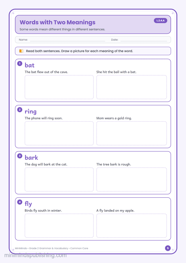 Words with Two Meanings — free printable 2nd Grade grammar & vocabulary worksheet for ages 7-8 (Common Core L.2.4.A)