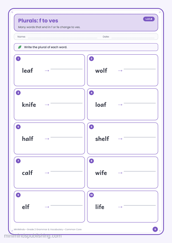 Plurals: f to ves — free printable 2nd Grade grammar & vocabulary worksheet for ages 7-8 (Common Core L.2.1.B)