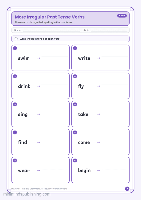 More Irregular Past Tense Verbs — free printable 2nd Grade grammar & vocabulary worksheet for ages 7-8 (Common Core L.2.1.D)