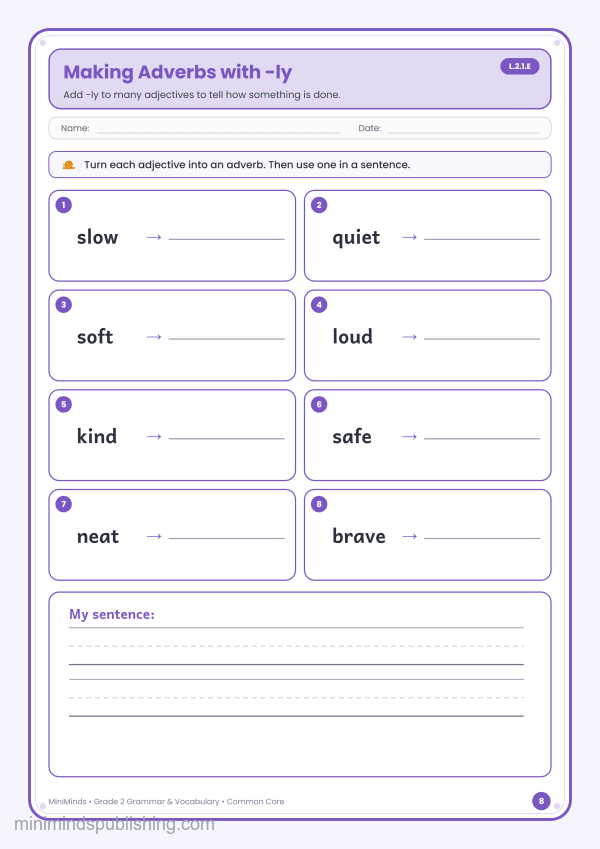 Making Adverbs with -ly — free printable 2nd Grade grammar & vocabulary worksheet for ages 7-8 (Common Core L.2.1.E)