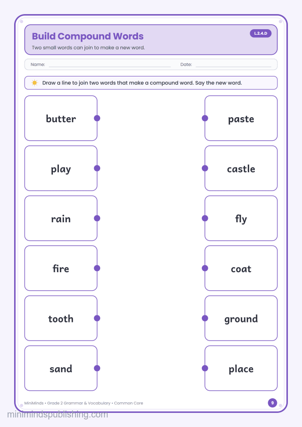 Build Compound Words — free printable 2nd Grade grammar & vocabulary worksheet for ages 7-8 (Common Core L.2.4.D)