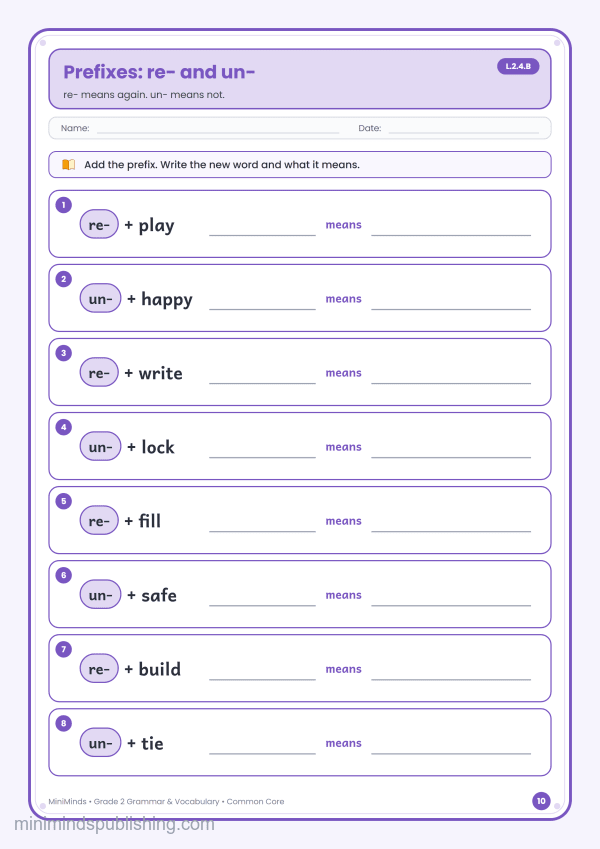 Prefixes: re- and un- — free printable 2nd Grade grammar & vocabulary worksheet for ages 7-8 (Common Core L.2.4.B)