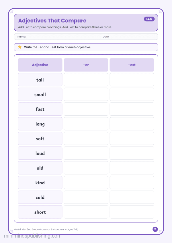 Adjectives That Compare — free printable 2nd Grade grammar & vocabulary worksheet for ages 7-8 (Common Core L.2.1e)