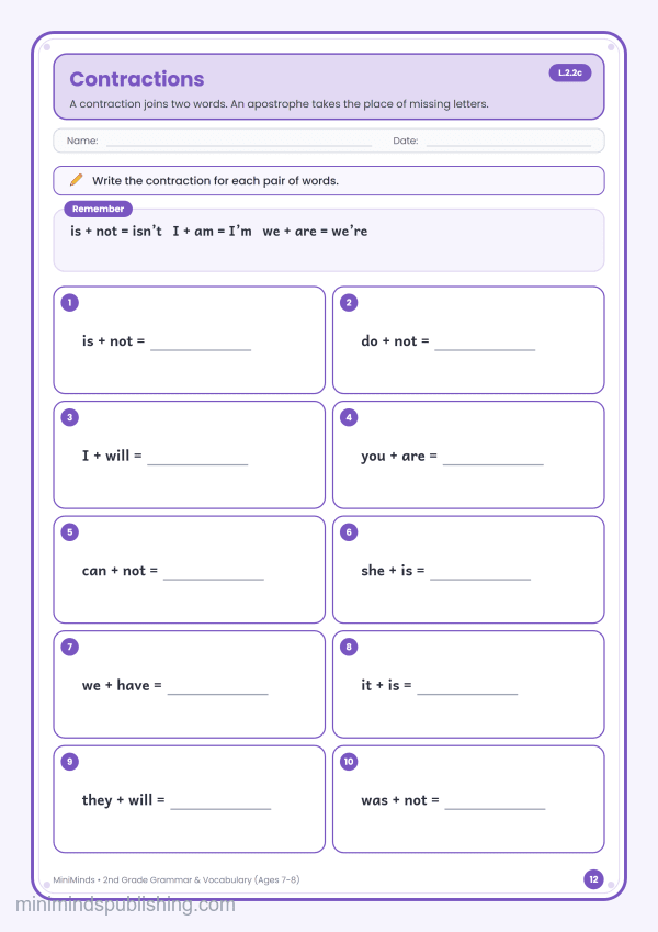 Contractions — free printable 2nd Grade grammar & vocabulary worksheet for ages 7-8 (Common Core L.2.2c)
