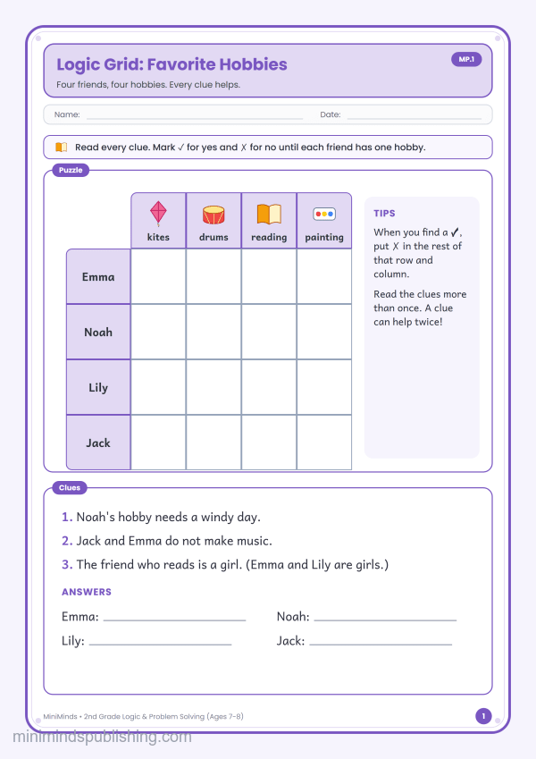 Logic Grid: Favorite Hobbies — free printable 2nd Grade logic & problem solving worksheet for ages 7-8 (Common Core MP.1)