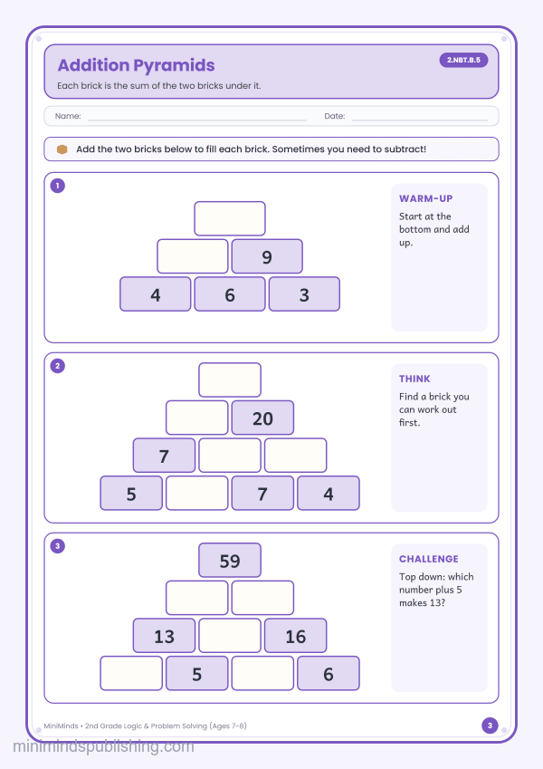 Addition Pyramids — free printable 2nd Grade logic & problem solving worksheet for ages 7-8 (Common Core 2.NBT.B.5)