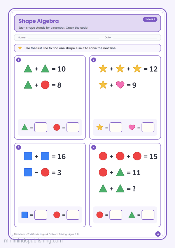 Shape Algebra — free printable 2nd Grade logic & problem solving worksheet for ages 7-8 (Common Core 2.OA.B.2)
