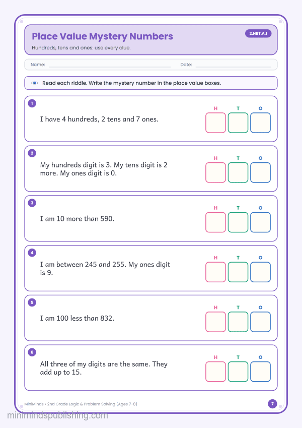 Place Value Mystery Numbers — free printable 2nd Grade logic & problem solving worksheet for ages 7-8 (Common Core 2.NBT.A.1)