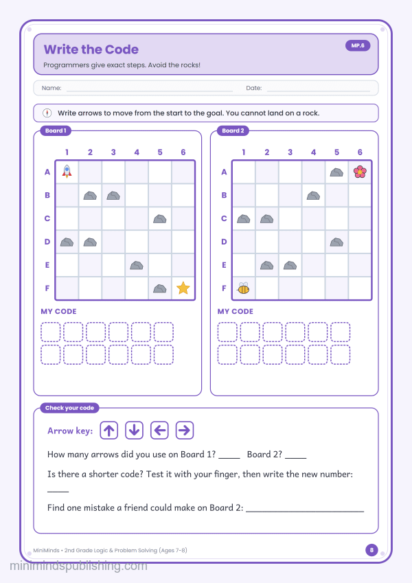 Write the Code — free printable 2nd Grade logic & problem solving worksheet for ages 7-8 (Common Core MP.6)
